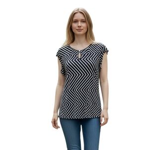 Atelier 29 Navy White Chevron Stripe Keyhole Short Sleeve Blouse Top Medium